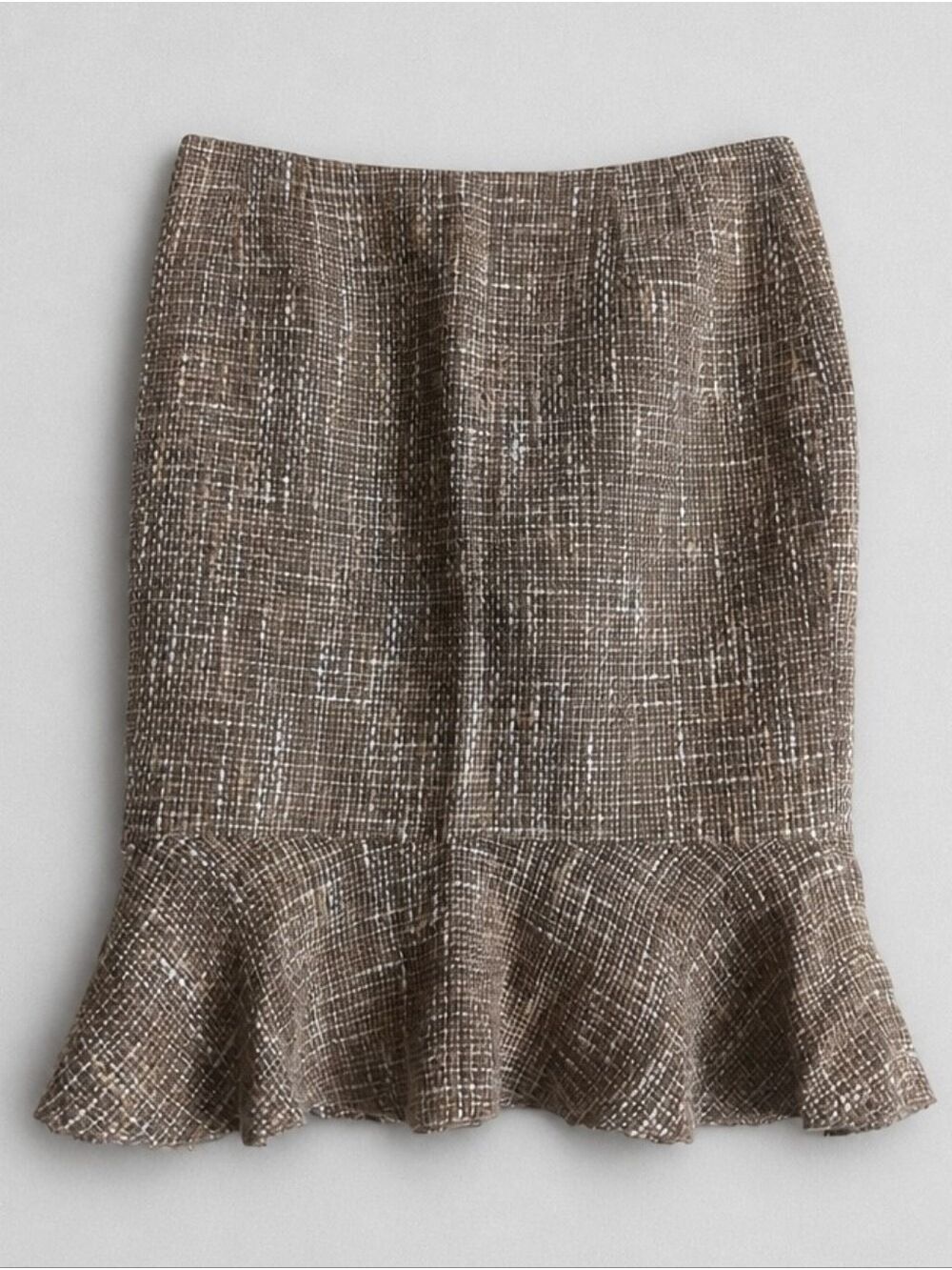 Holt Renfrew Textured Brown Tweed Ruffle Hem Skirt